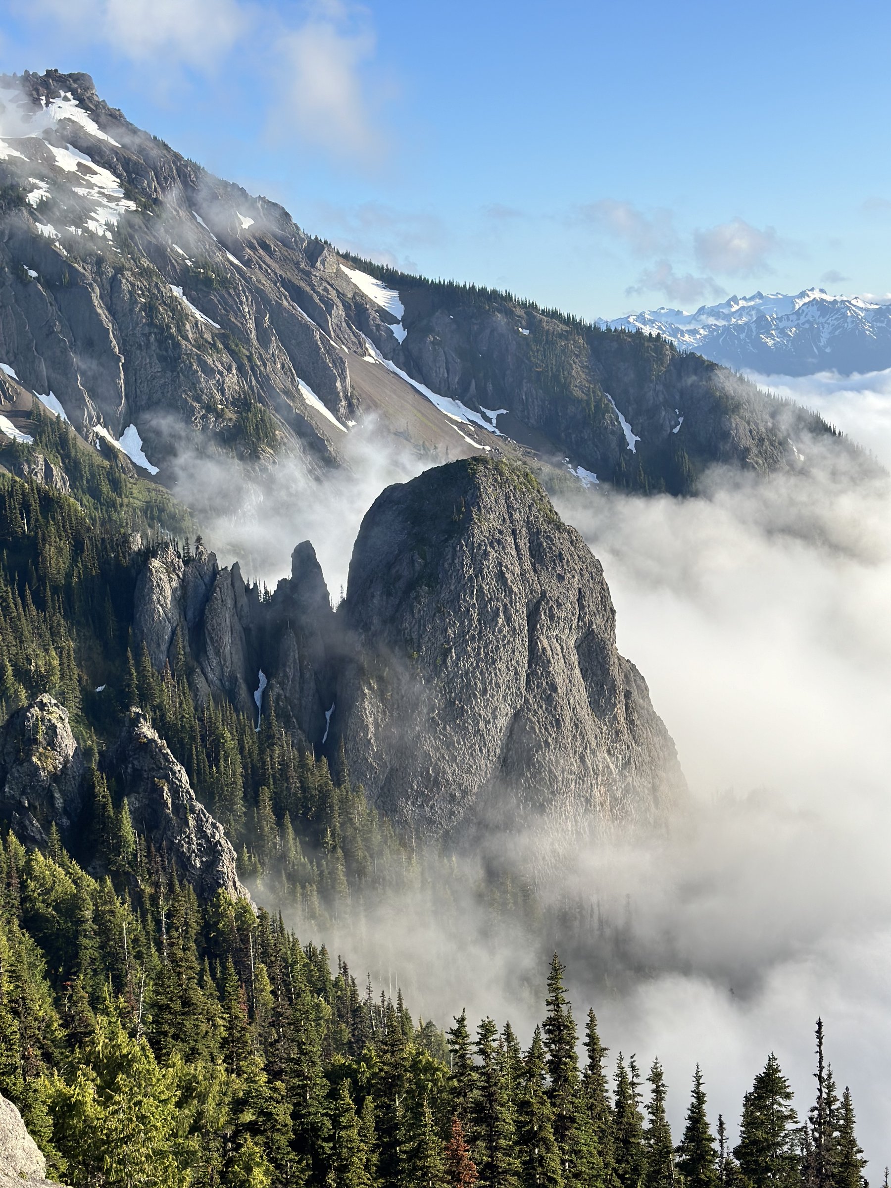 Mountain peaks rising above a sea of clouds in early light